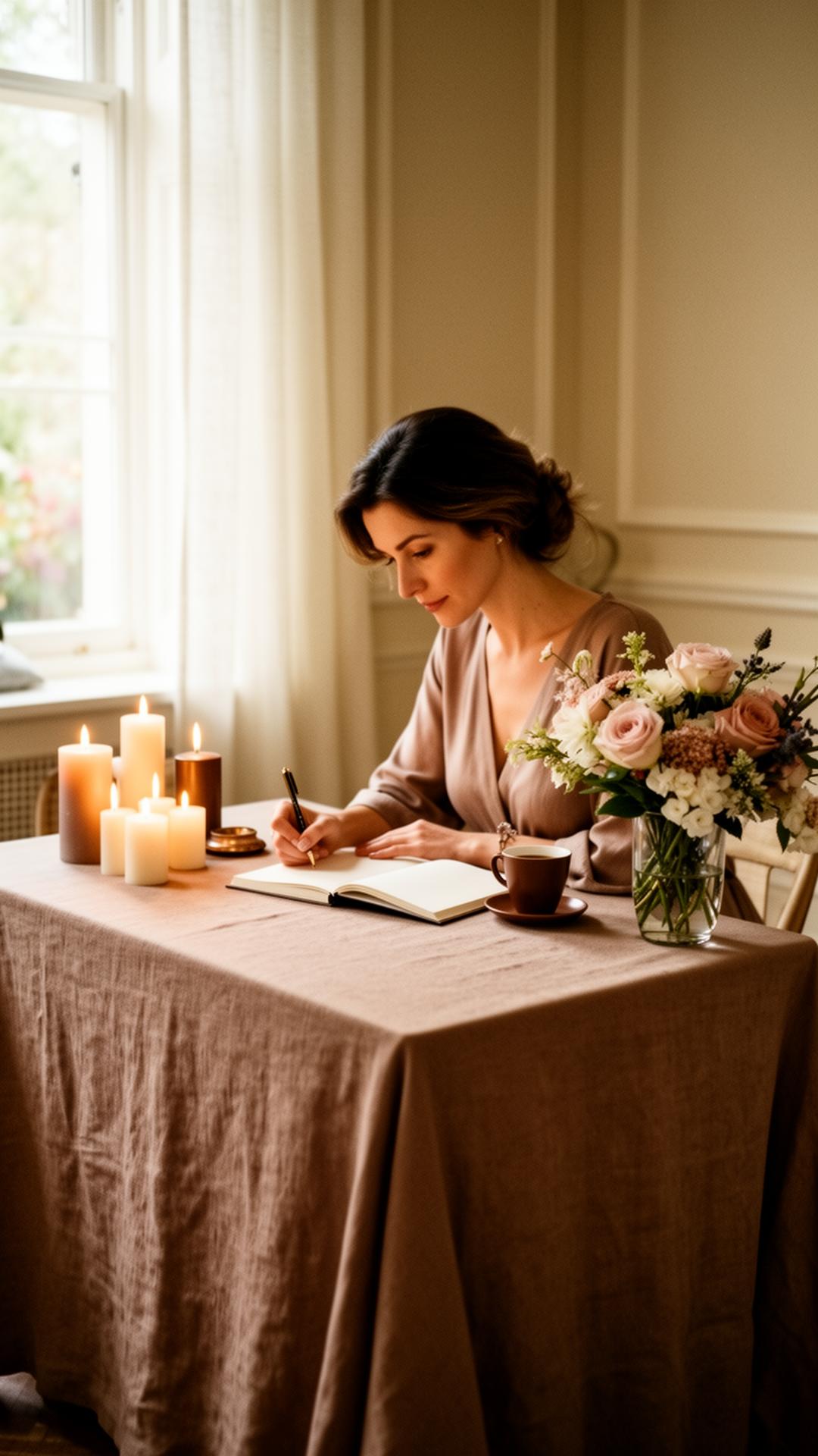 A woman journaling in candlelight at a linen-draped table
